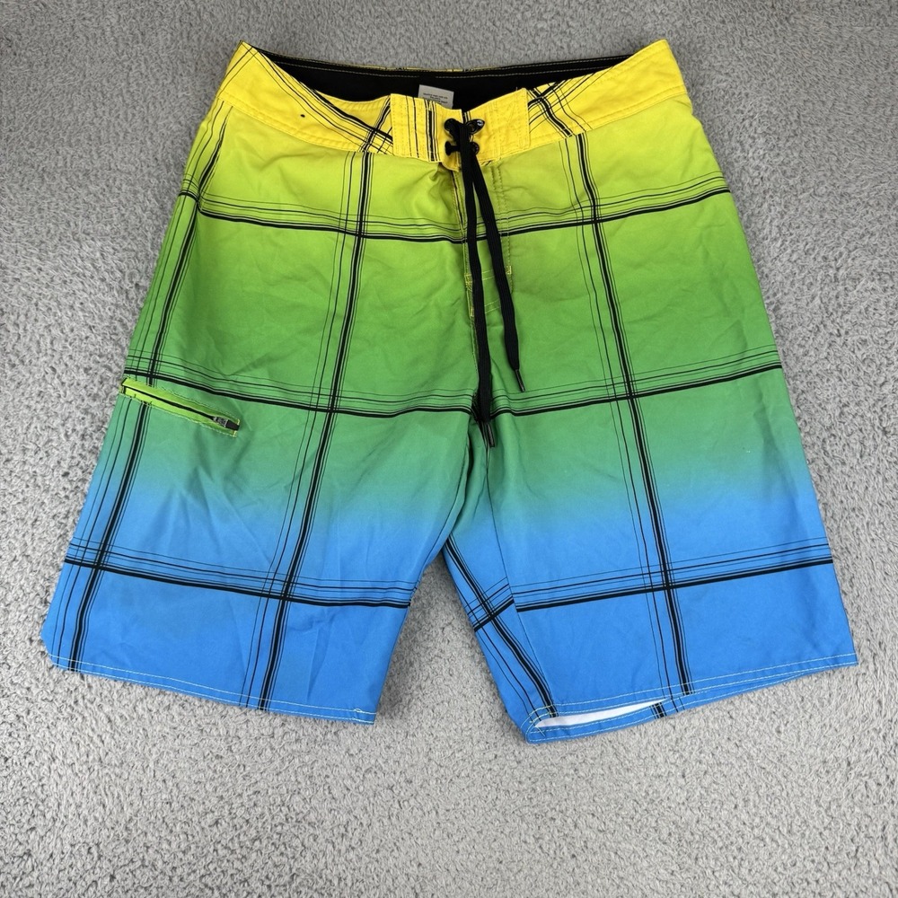 Hang Ten Board Shorts Mens 32 Yellow Green Blue Plaid Stretch Swim Trunks Surfer